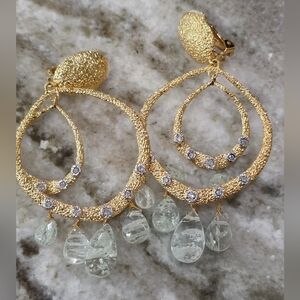 Alexis Bittar Vintage Gold Textured Clip-On Statement Earrings Prasiolite Drop